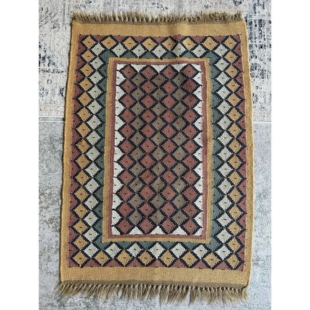 Vintage Turkish Kilim Rug Boho Aztec Rug 37x25” wool jute natural woven
